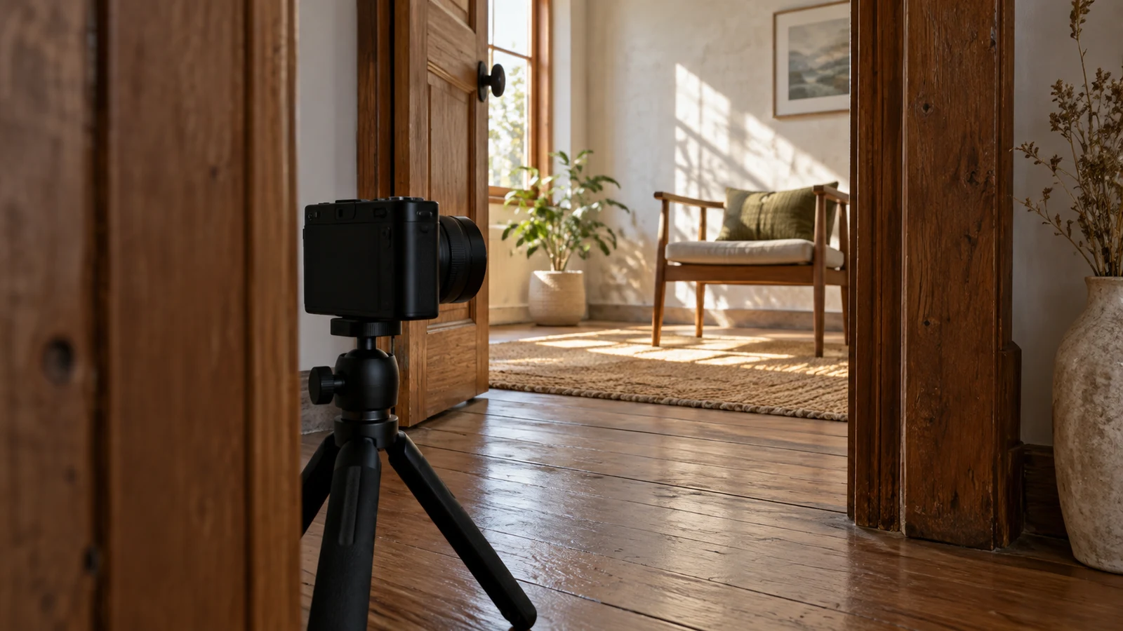 Sony ZV-1 II foreground framing: An unbranded camera on a tripod faces a sunlit chair through a wooden doorway.