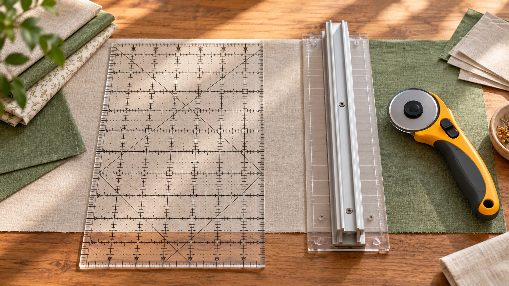 Rotary cutter ruler compatibility compares a marked measuring grid with a documented guide-track role.