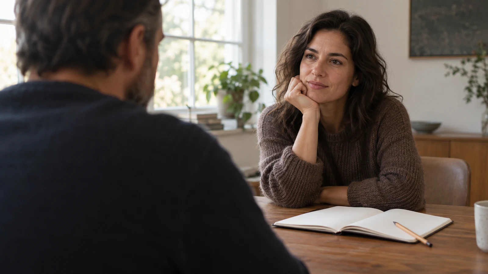 story point of view: Two adults face each other across a wooden table with a pencil and an open blank notebook.