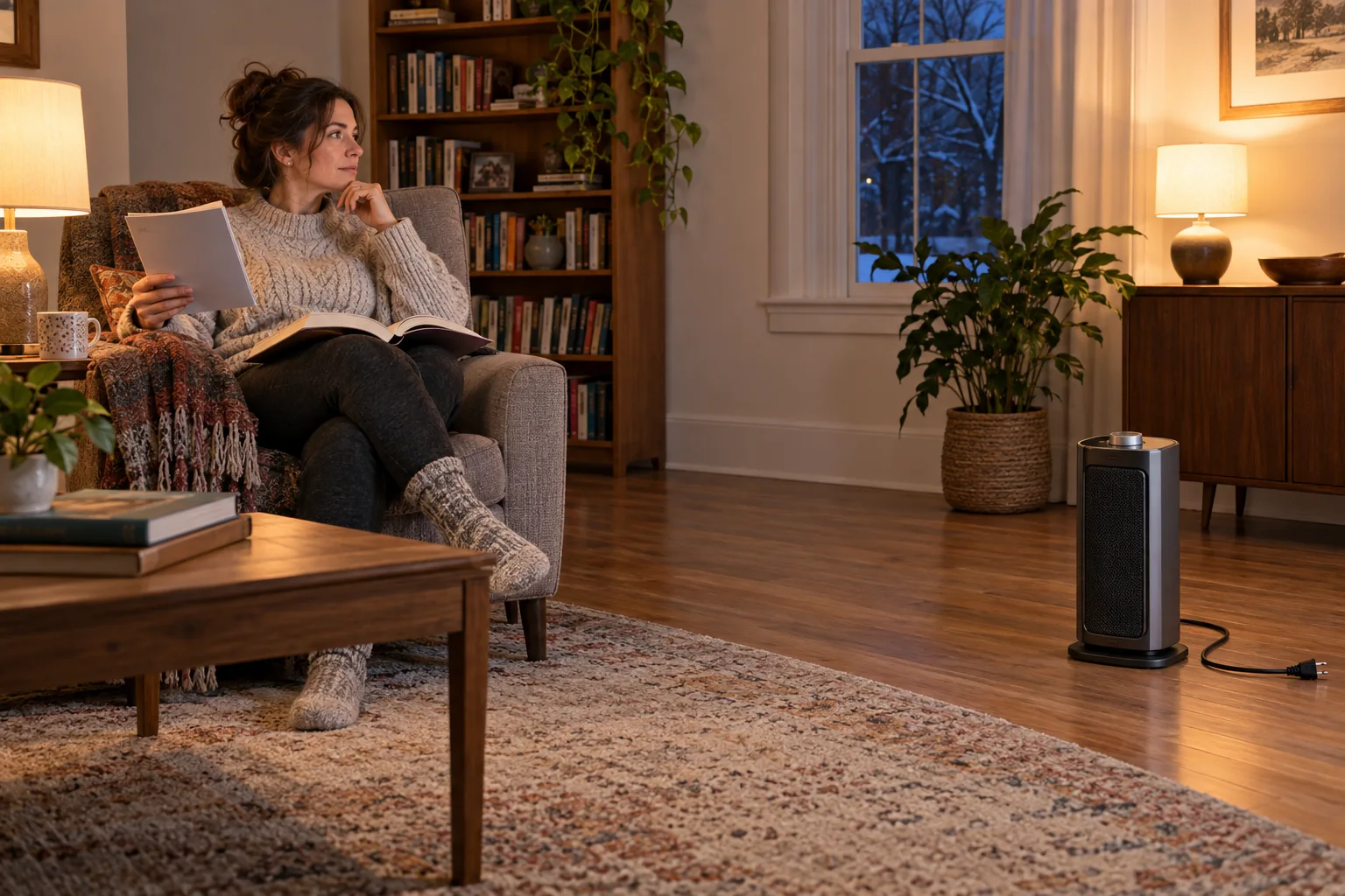 Winter reading room ideas consider an awake evening with a book while leaving the proposed portable heater and its place in the room subject to the actual appliance instructions.