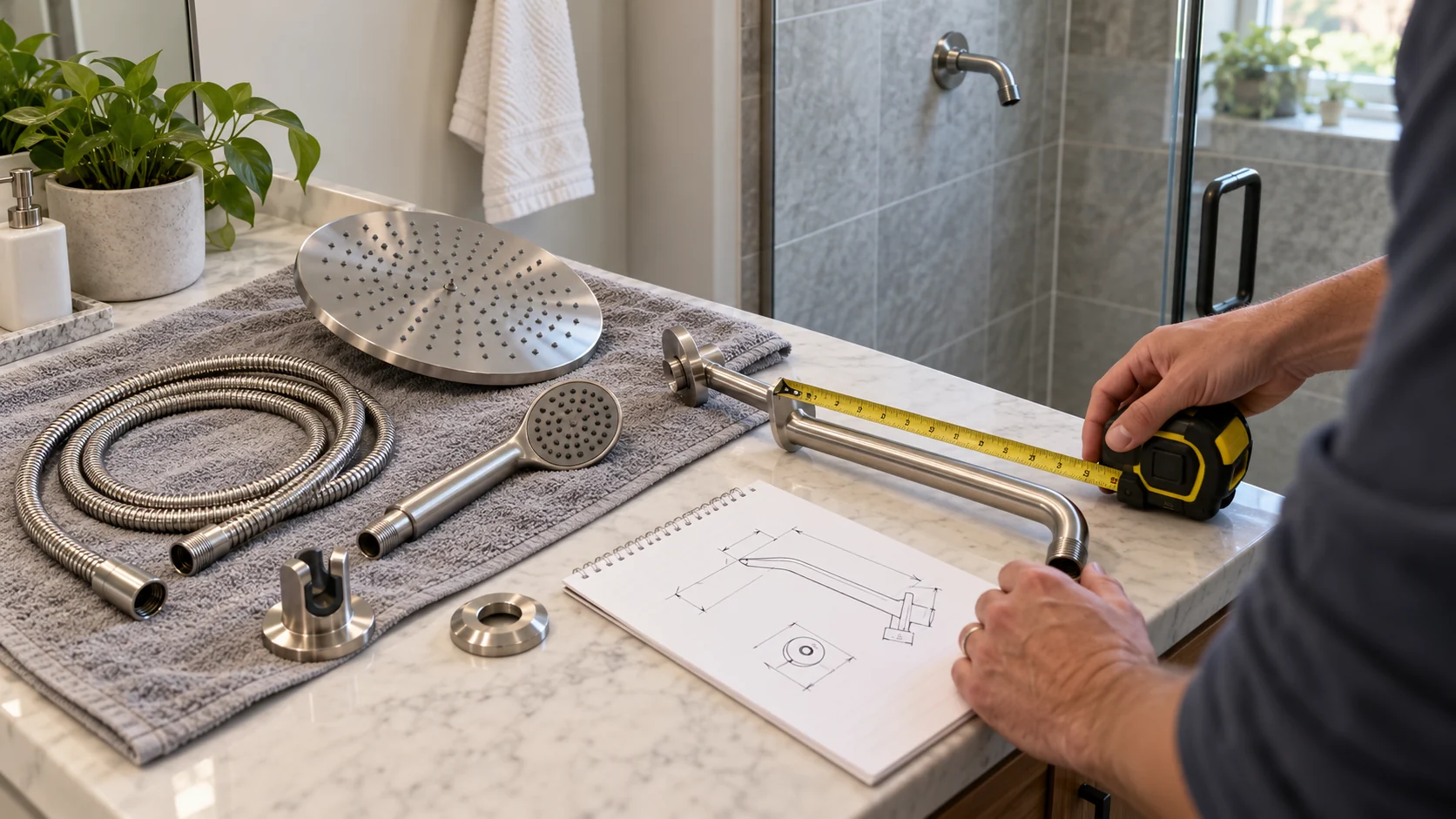 Checking handheld shower head combo compatibility as loose shower parts and a hose are laid out while a person measures an extension arm before installation.