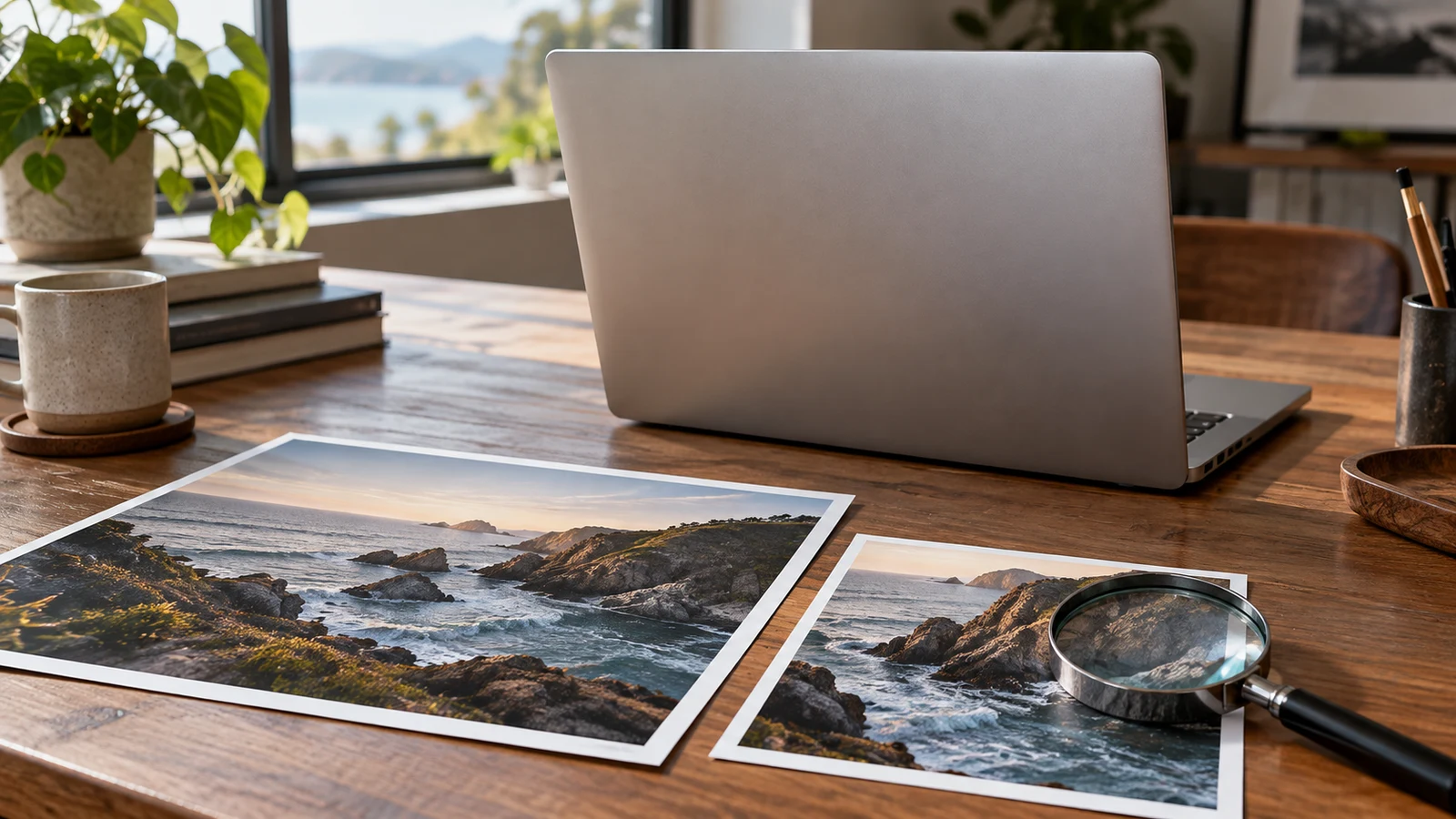 Dell Inspiron PDF image export: An unbranded laptop, coastal photo prints and a magnifying glass sit on a wooden desk.