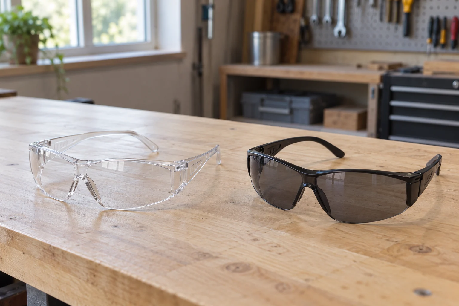 Safety glasses fogging illustrated by two whole generic clear and smoke-lens protective spectacles resting on a quiet workbench.