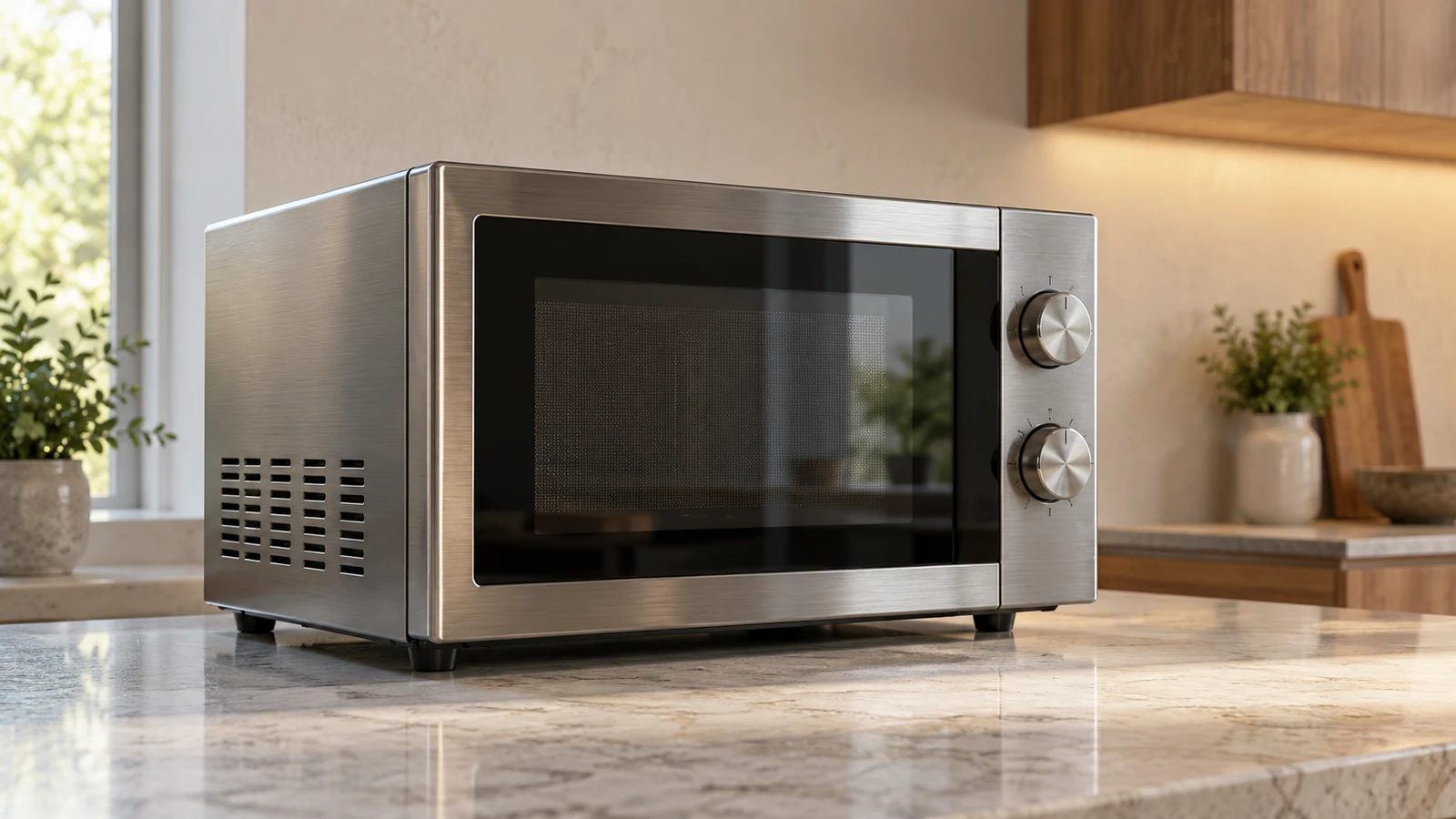 Gasland Chef microwave: An unbranded stainless-steel microwave with side vents sits on a stone kitchen countertop.