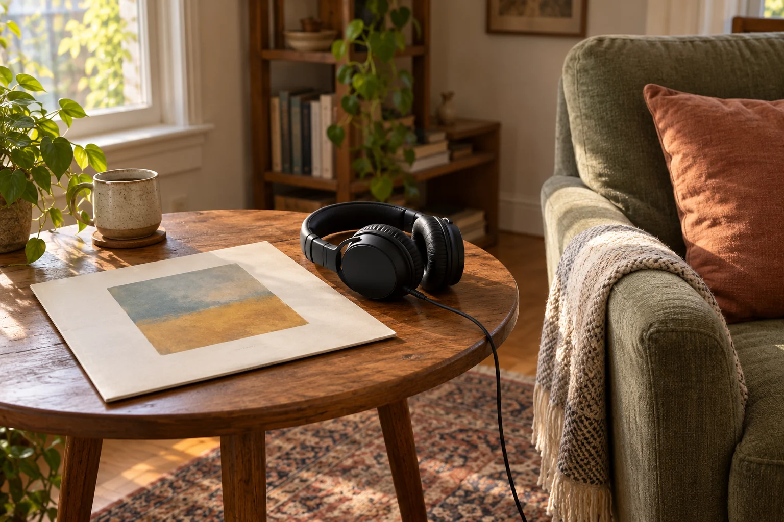 Revisit a music album in a quiet personal listening scene with one plain album sleeve and inactive headphones, leaving the next listen an open choice.