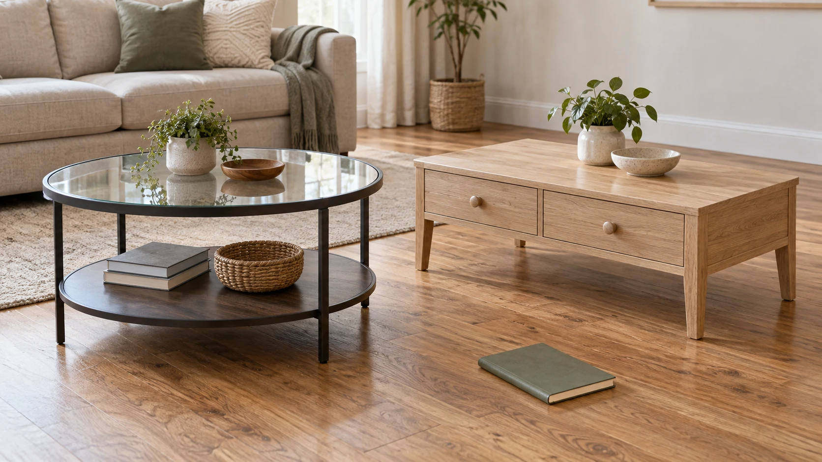 Coffee table layout planning represented by complete generic tables beside a blank notebook; not exact retail models, measured clearances or verified placement.