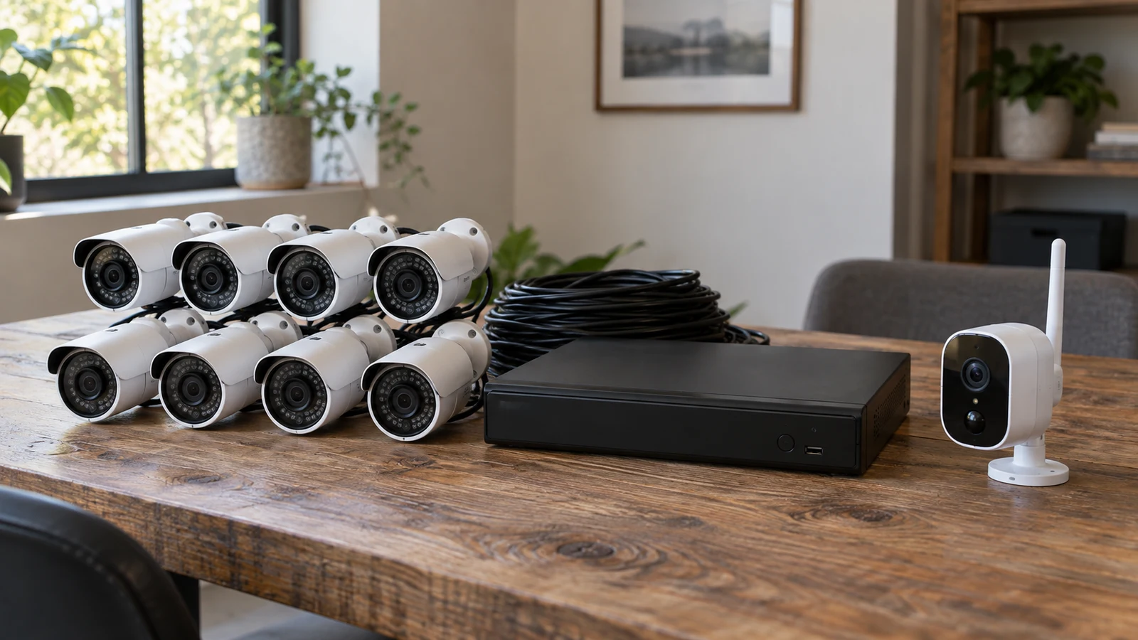 ABLINK eight-camera DVR system: Eight bullet cameras, a black recorder, coiled cables and an antenna-equipped camera sit on a wooden table.