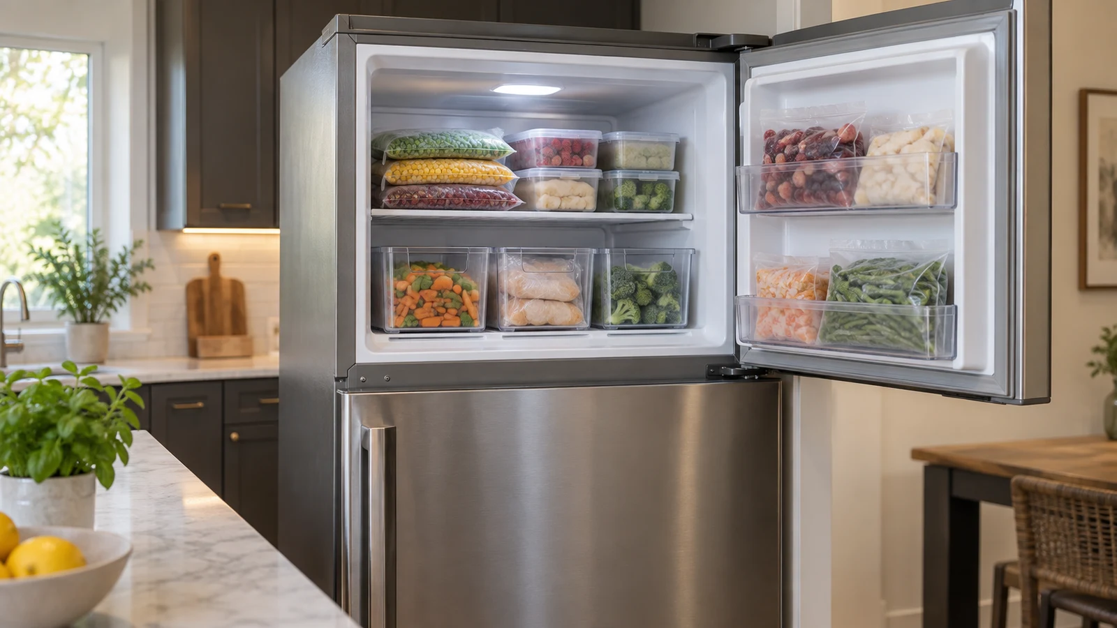 Koolmore KM-RERFDSS-18C refrigerator: An open unbranded freezer holds neatly arranged food bags and clear containers.