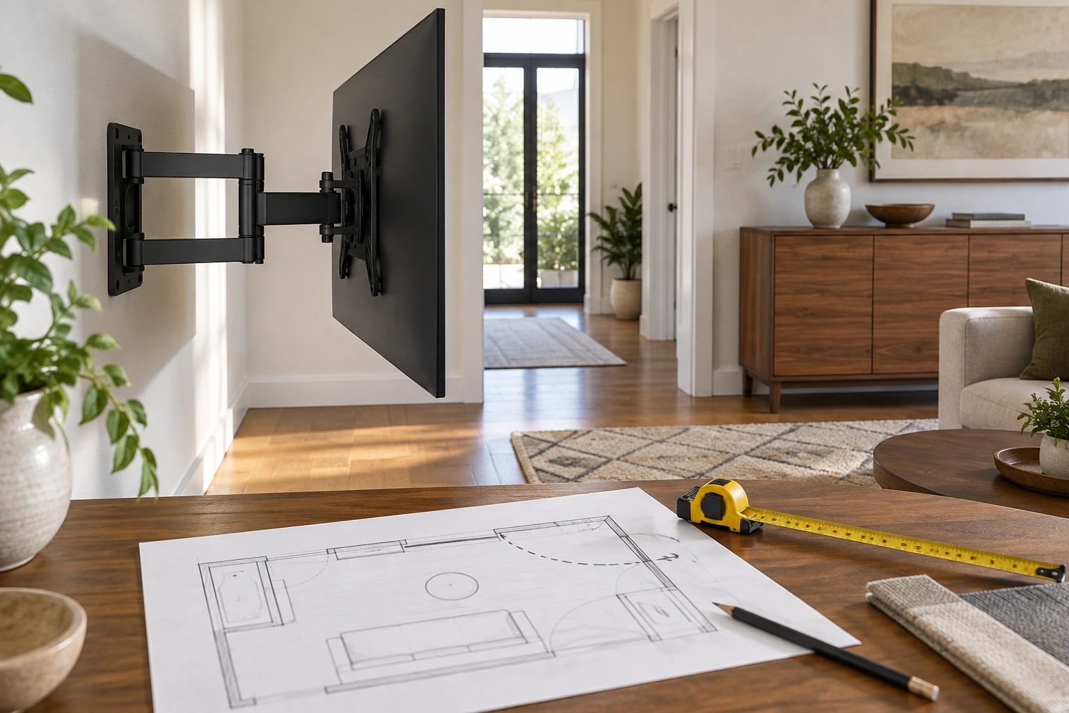 A full-motion TV mount holding a screen in a living room beside a paper room plan and tape measure used to check movement clearance.