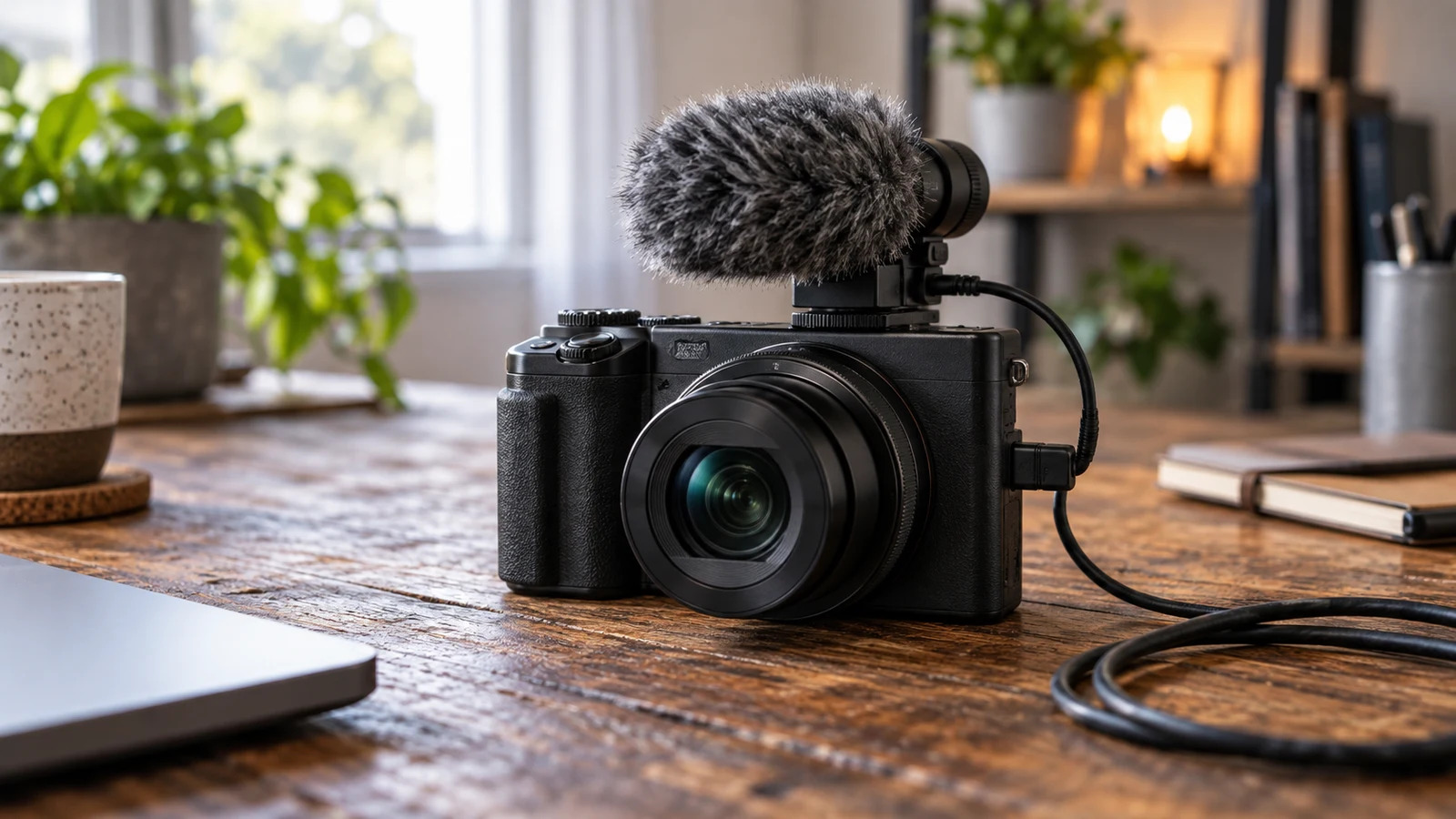Sony ZV-1 II audio level meter checks: A black camera with a furry microphone sits on a wooden desk.