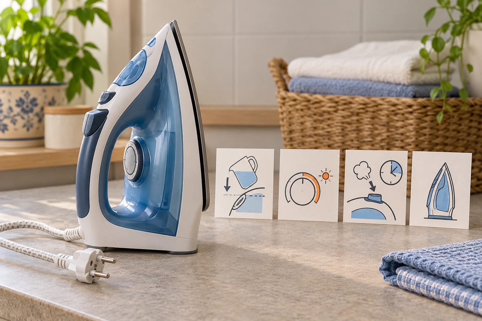 Steam iron leaking water illustrated by separate filling, heating, burst and storage stages beside a disconnected upright iron.
