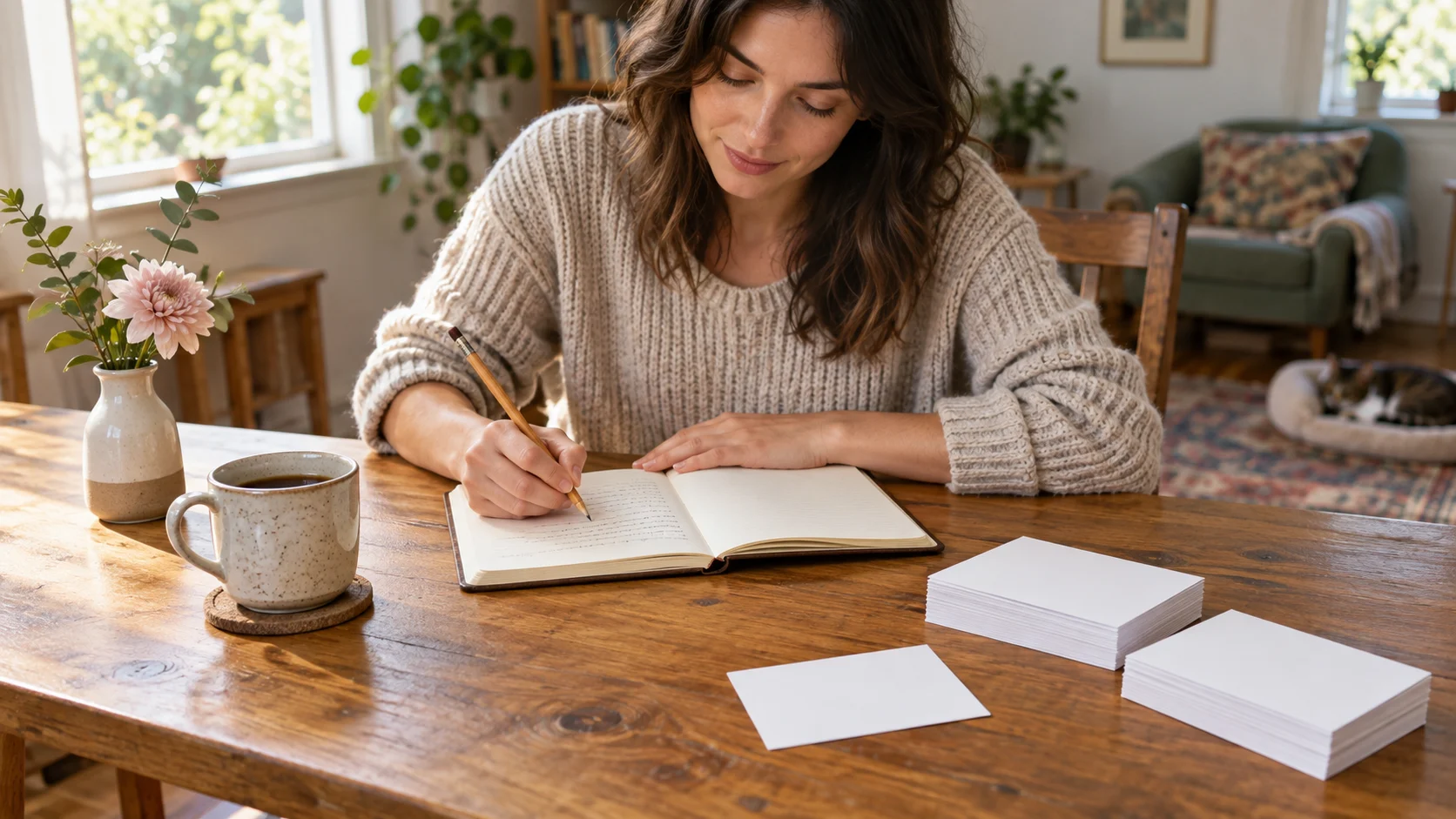 Postcard-writing afternoon illustrated by an adult with a notebook beside whole generic blank cardstock, a loose card and a mug on a wooden table.
