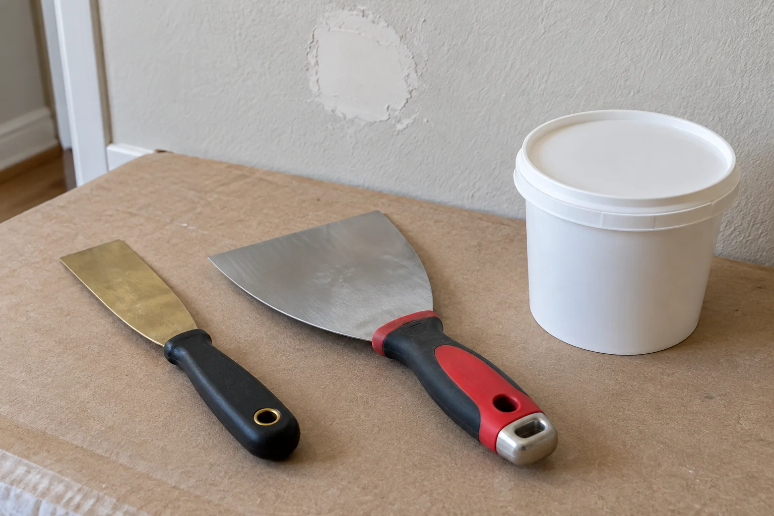 Putty knife won't flex illustrated by two generic whole putty knives beside a closed filler tub and a small unfinished wall patch.