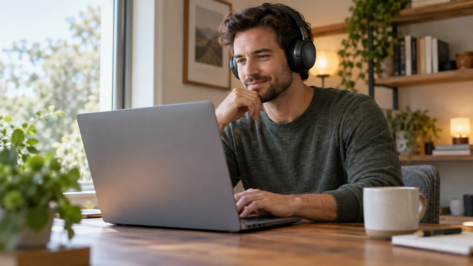 Dell Inspiron text-to-speech checks: A man wearing headphones uses an unbranded laptop at a wooden desk.