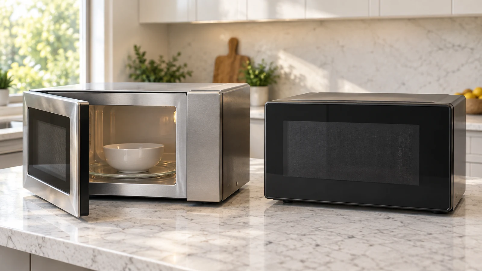 Whirlpool Steam Clean microwave: Two unbranded microwaves sit on a kitchen counter, one open with a white bowl.