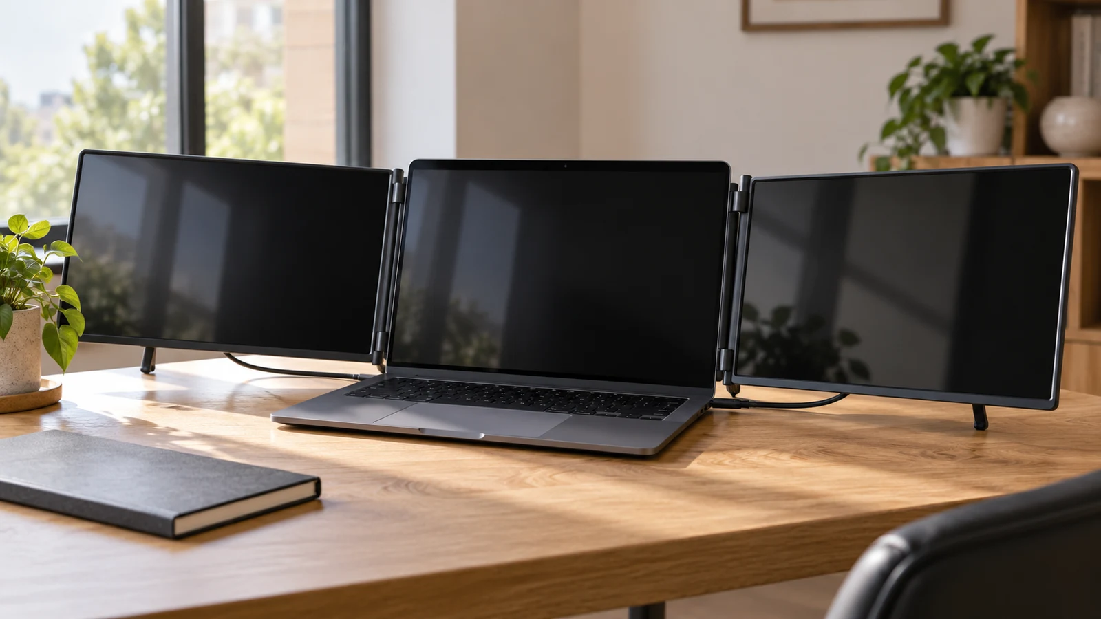 Hyangin screen extender vs Mobile Pixels: A laptop with two side screens sits on a wooden desk.