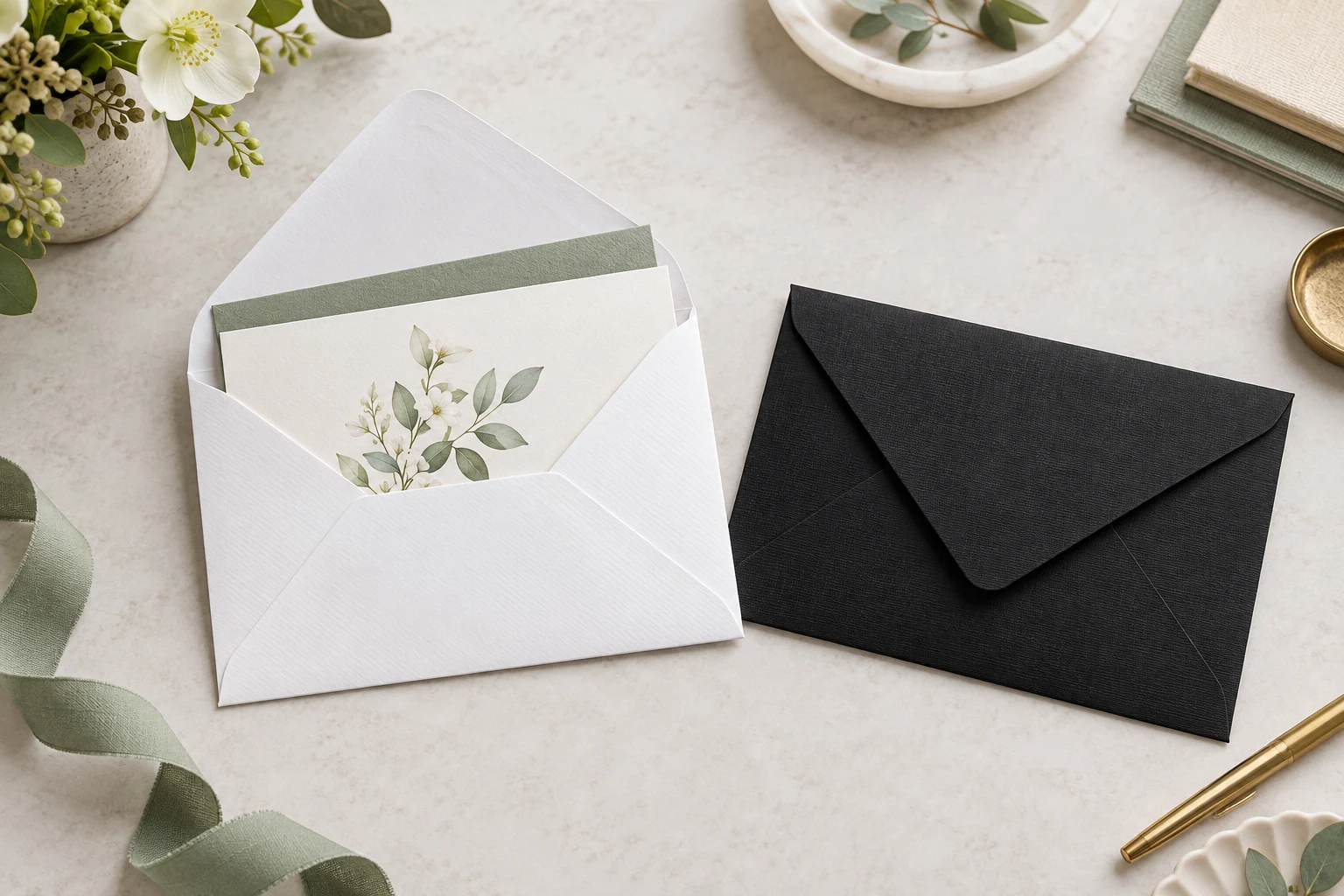 A10 invitation envelope fit test with a folded card and insert beside white and black A10 envelopes, one flap open.