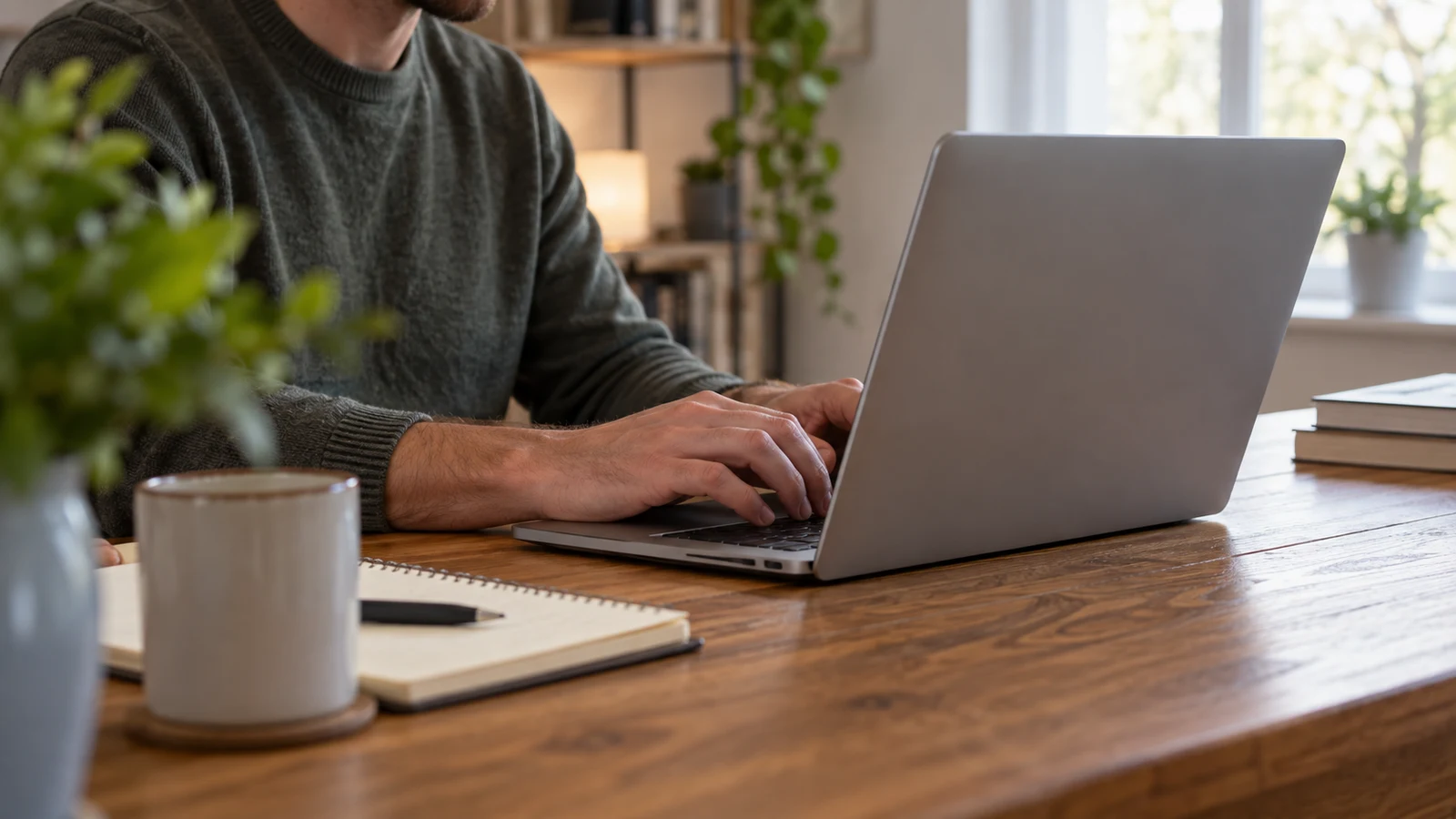 Dell Inspiron spell check: A person types on an unbranded laptop at a wooden desk beside a mug and notebook.