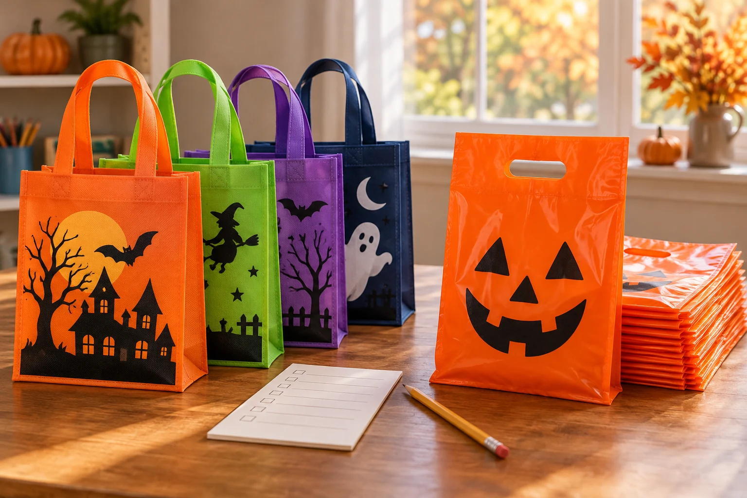 Halloween treat bag handoff table with colorful handled nonwoven totes beside orange jack-o-lantern die-cut handle bags in separate stacks.