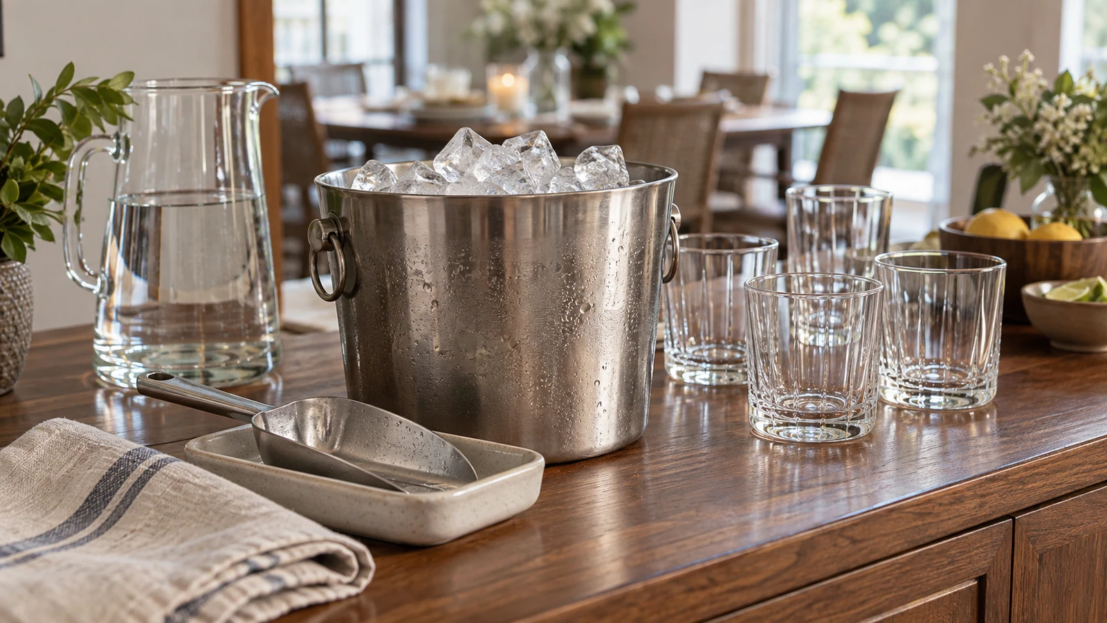 ice serving station planning: An ice-filled metal bucket, scoop, glasses, and water pitcher sit on a wooden sideboard.
