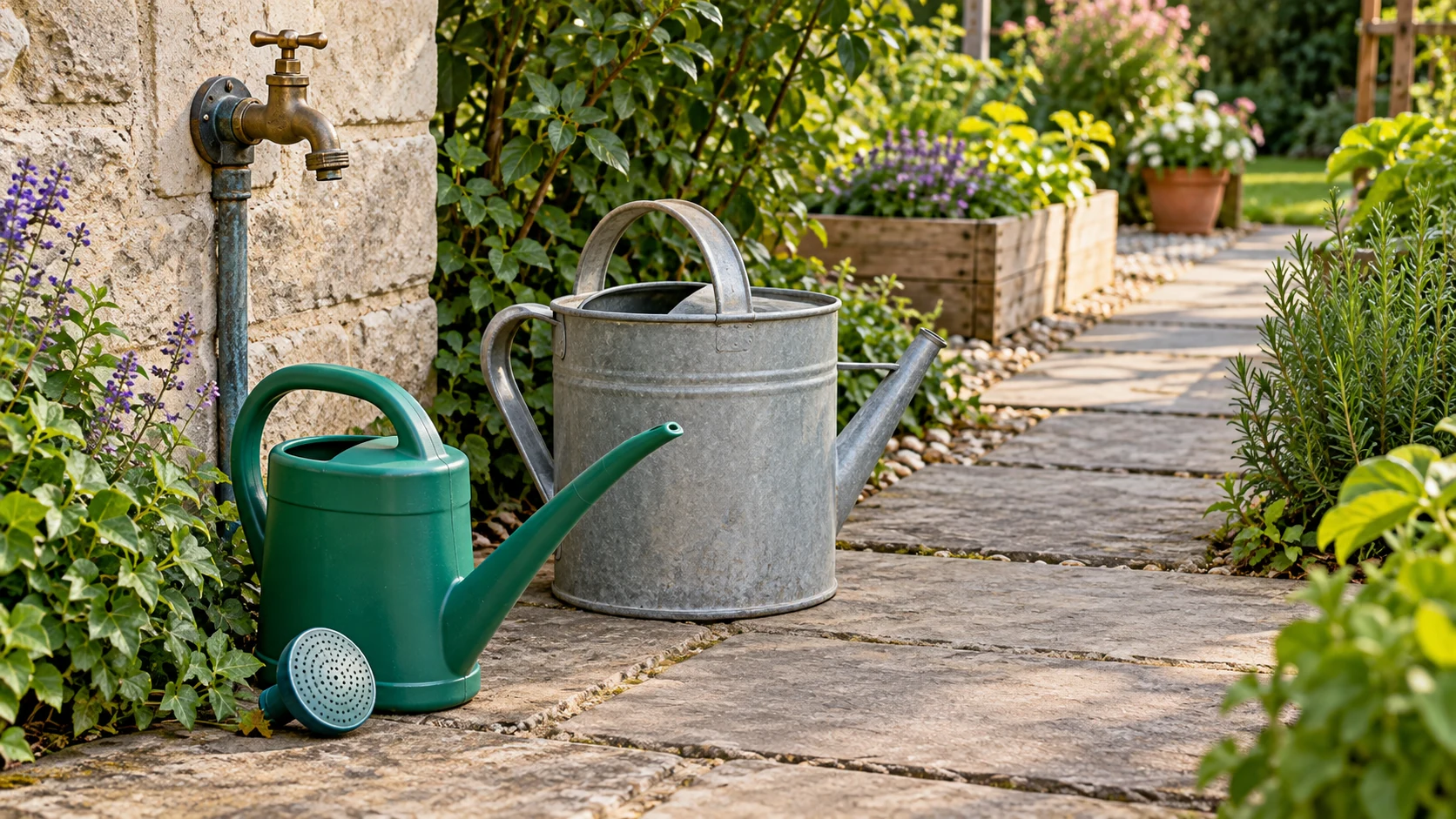 watering can refill plan with two different empty watering cans beside a garden path and nearby tap.