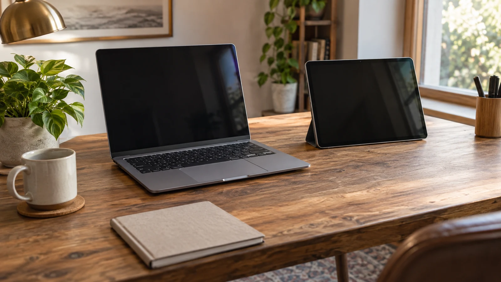 Dell Inspiron desk space planning: An open laptop and a separate tablet sit on a wooden desk beside a notebook.