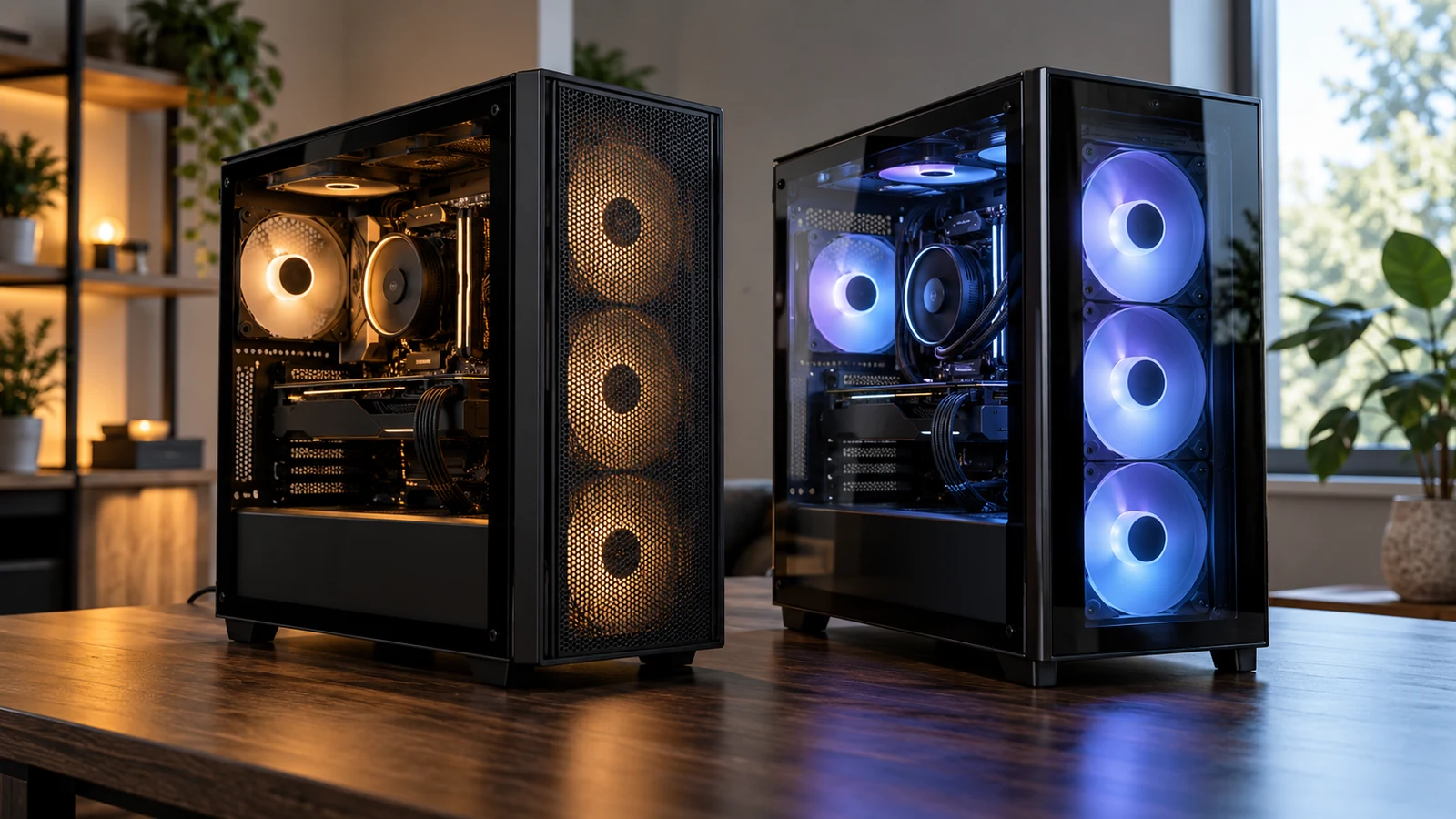 YEYIAN YUMI gaming PC: Two black computer towers with illuminated fans stand on a wooden desk.