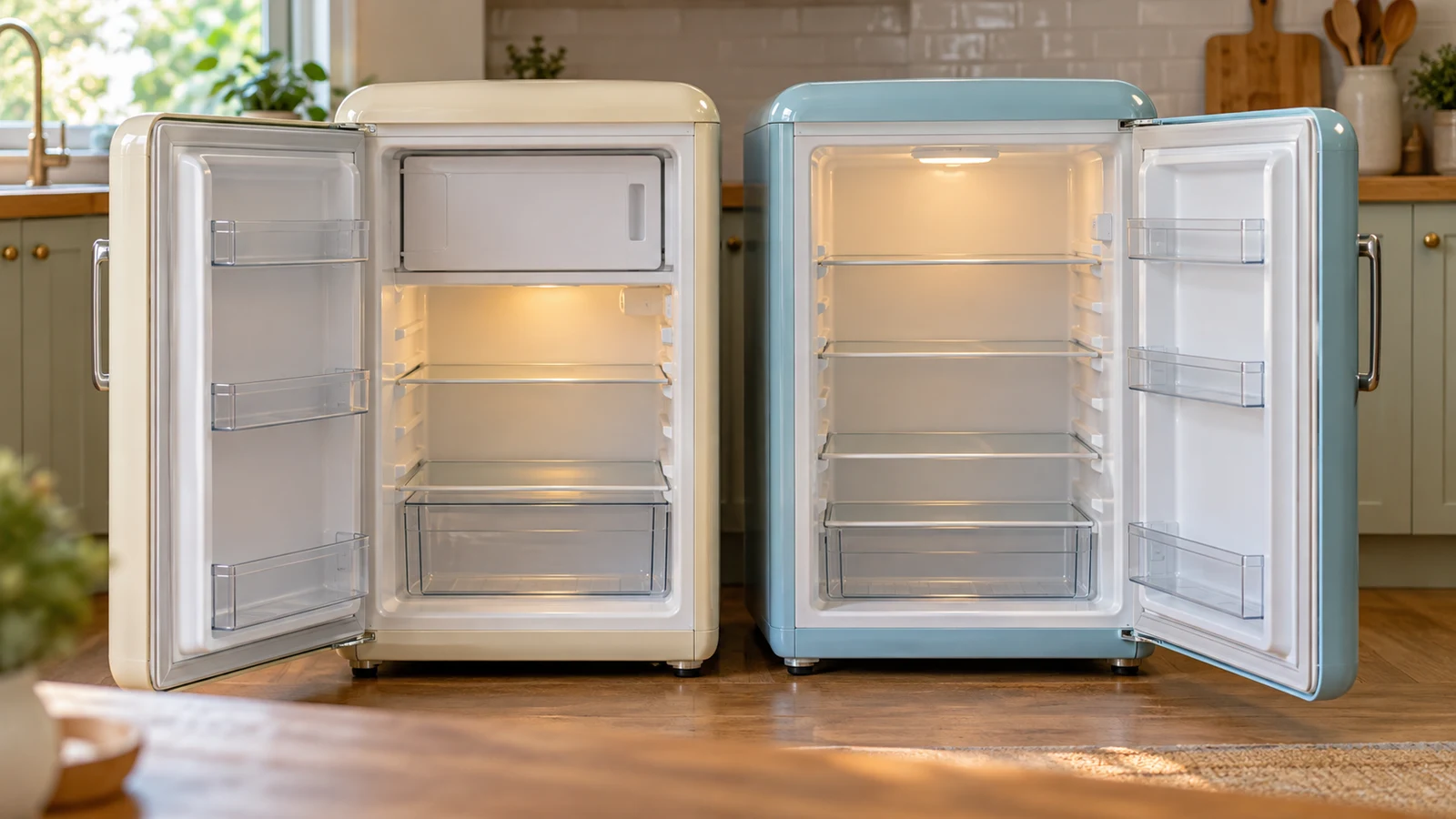 Magic Chef retro mini fridge: Two open unbranded mini fridges, one with an upper freezer compartment, stand in a kitchen.
