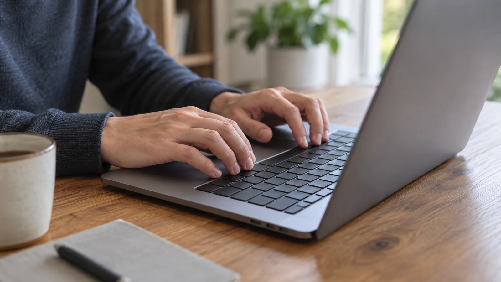 Dell Inspiron undo and redo checks: A person's hands rest on an unbranded laptop keyboard at a wooden desk.