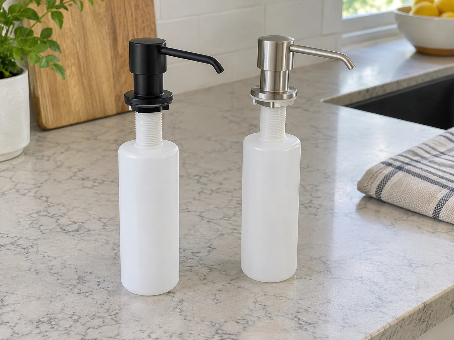 Soap dispenser not pumping concept with two whole generic inactive manual deck pump units and opaque refill bottles standing on a kitchen counter.