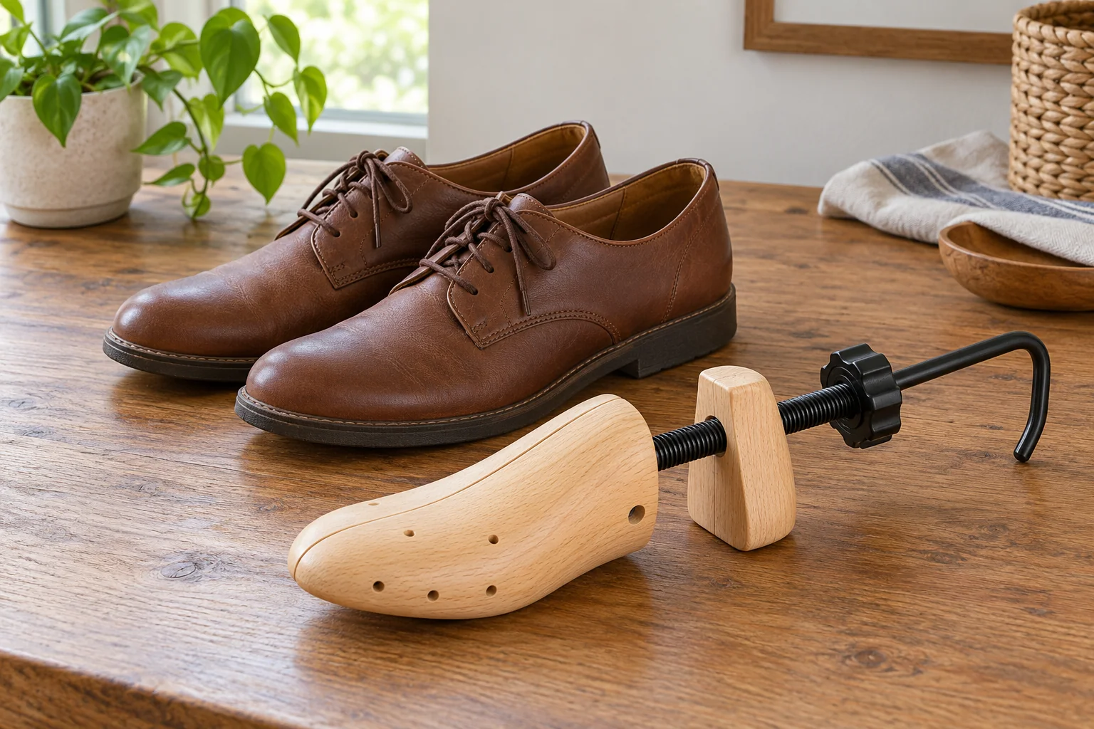 Shoe stretcher controls concept with a whole inactive generic wooden stretcher beside a complete pair of brown flat-soled shoes.