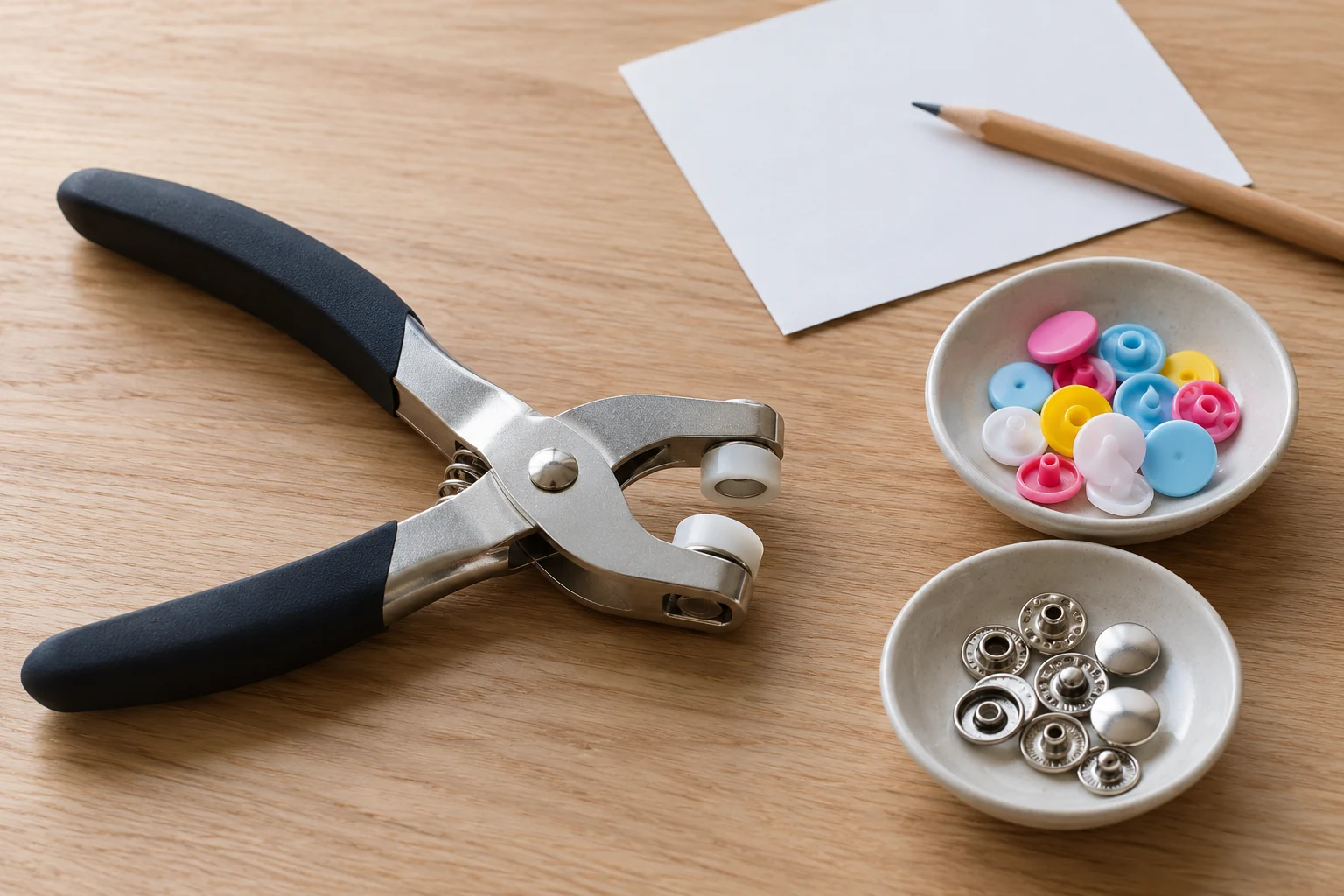 A snap pliers compatibility enquiry sets an idle tool beside separate plastic and metal fastener proposals and a blank note for an unresolved component question.