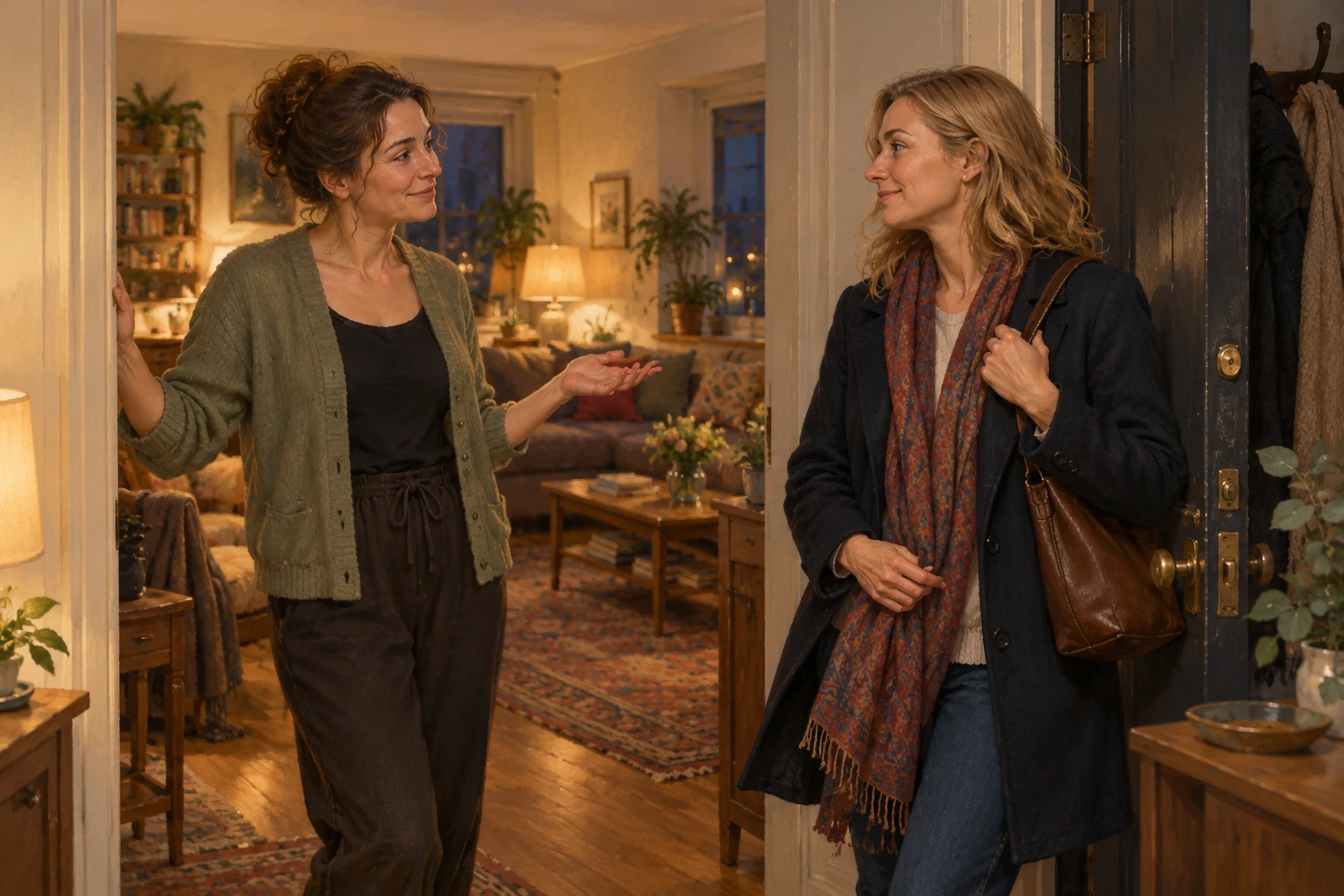 A host tells a friend they are ending a visit, leaving the rest of the evening unplanned.