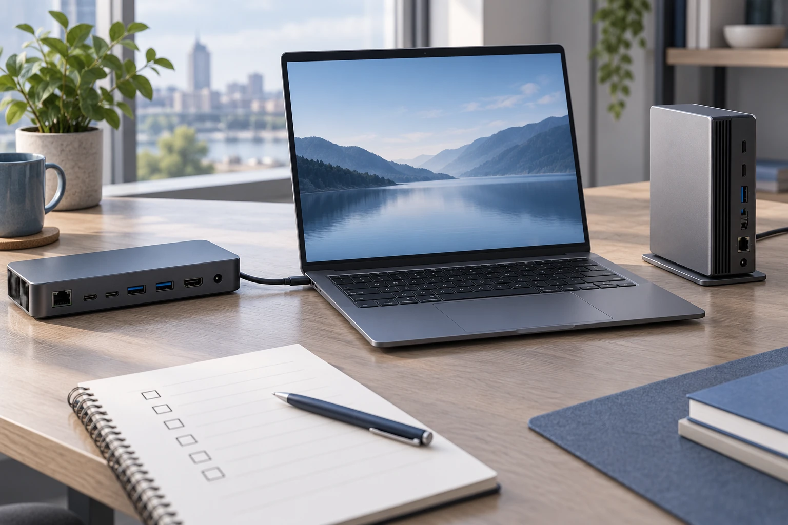 USB4 and Thunderbolt 4 dock compatibility illustrated by a laptop beside two docking stations and a blank host-specification checklist.
