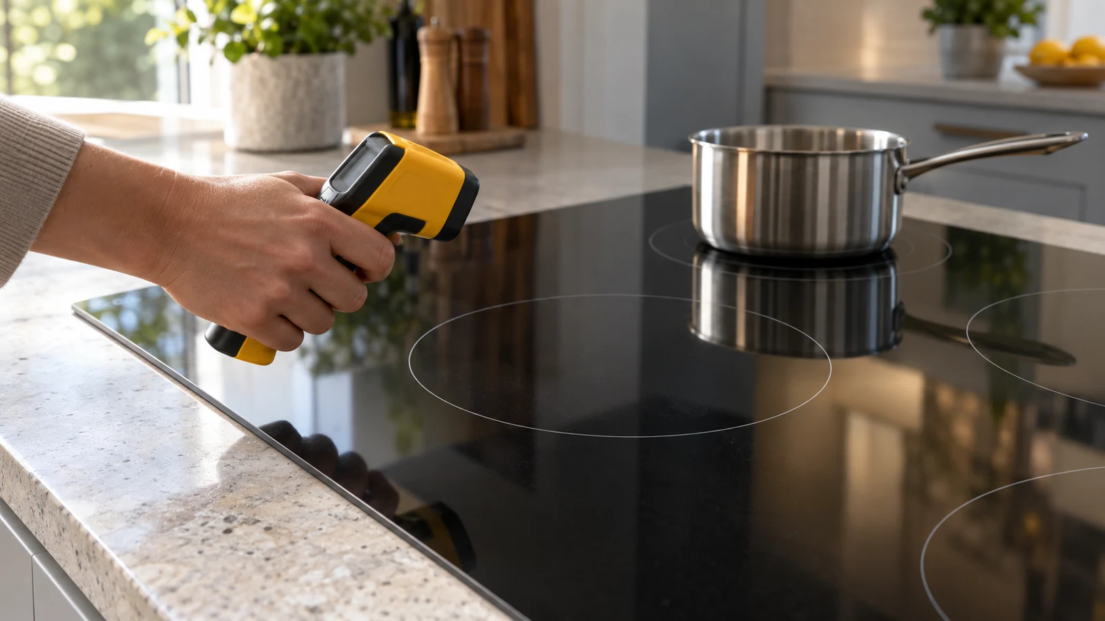 cooktop residual heat checks: A hand holds an infrared thermometer above a black glass cooktop beside a stainless steel saucepan.