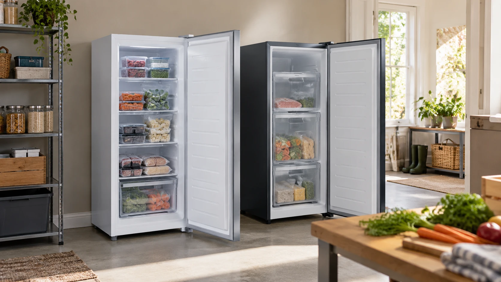 For Upstreman UP70 convertible upright freezer, weigh size, interior storage, door setup, temperature modes, and placement questions.
