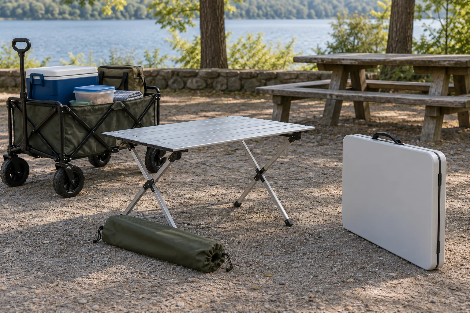 folding camp table packing footprint with an aluminum roll-up table, folded handled table and gear wagon in a picnic area.