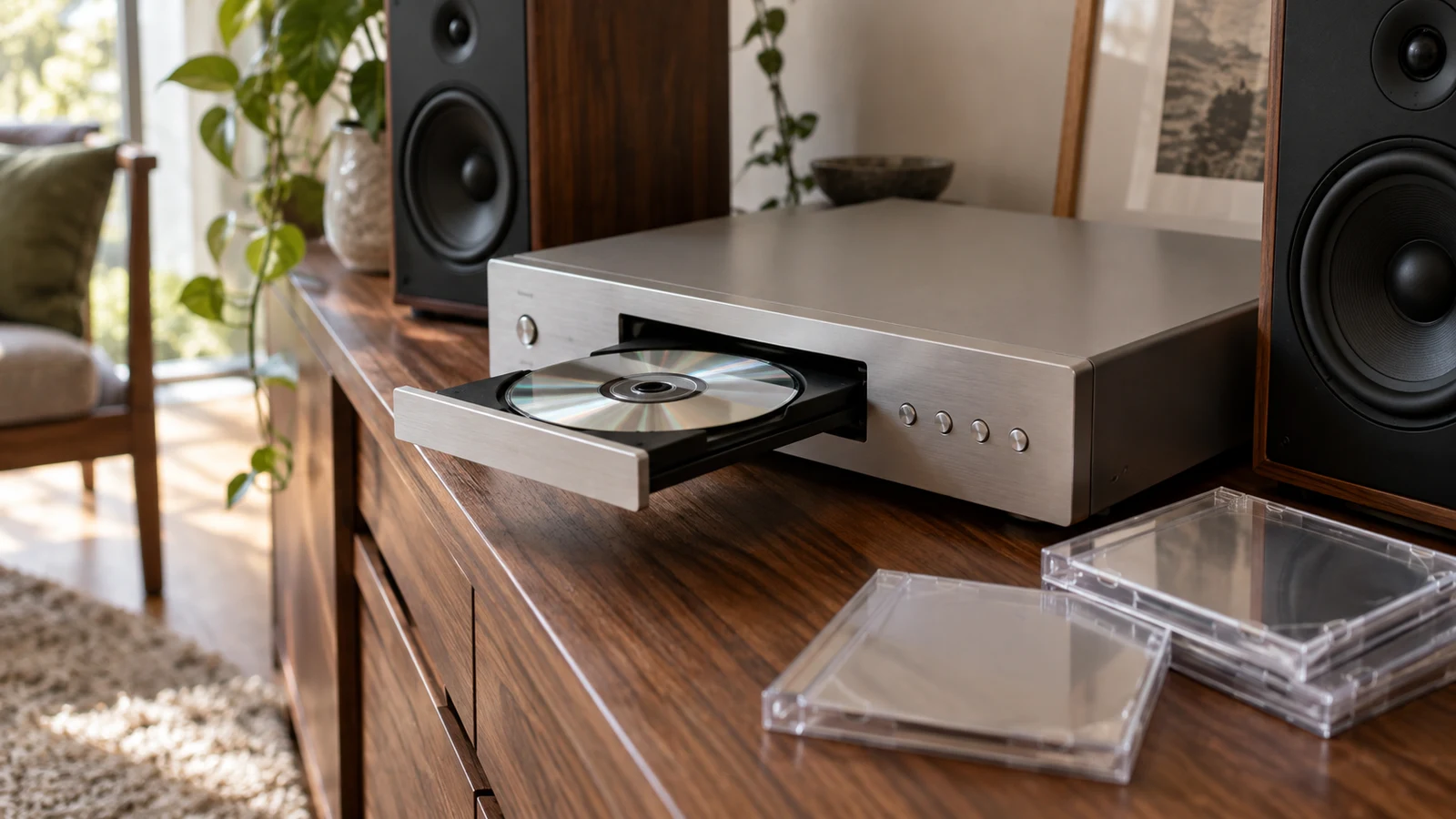 CD playback order checks: A disc rests in an open CD player beside clear cases and two speakers on a wooden cabinet.