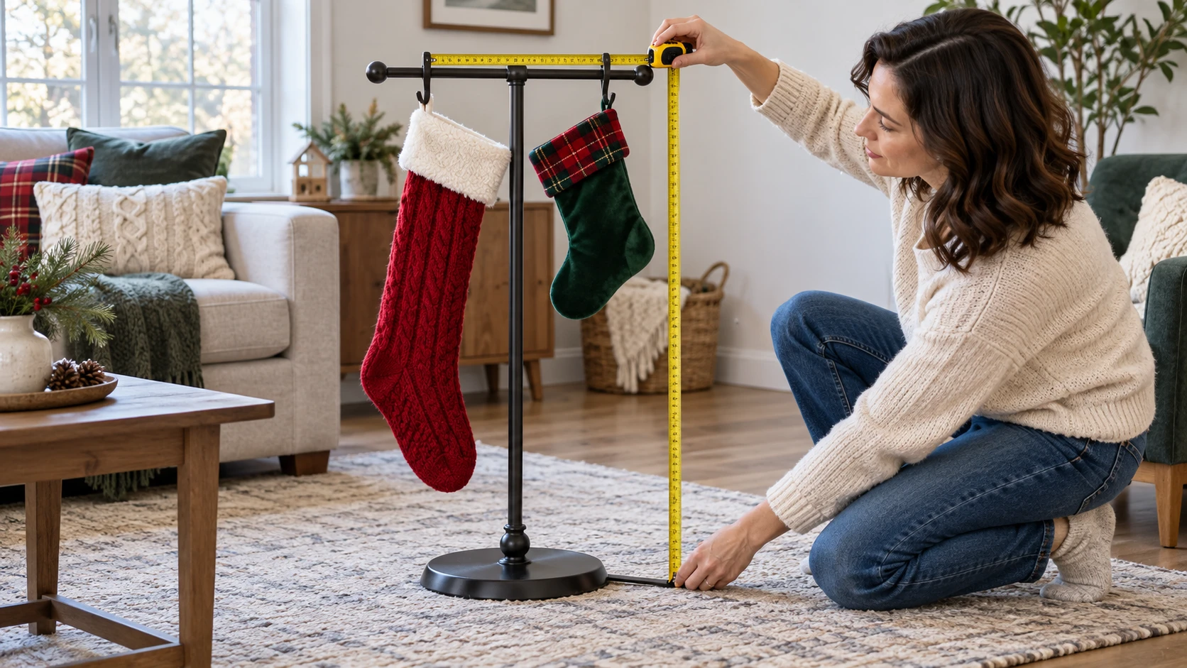 Christmas stocking stand with two empty stockings while a person measures hook-to-base clearance and checks loop spacing.