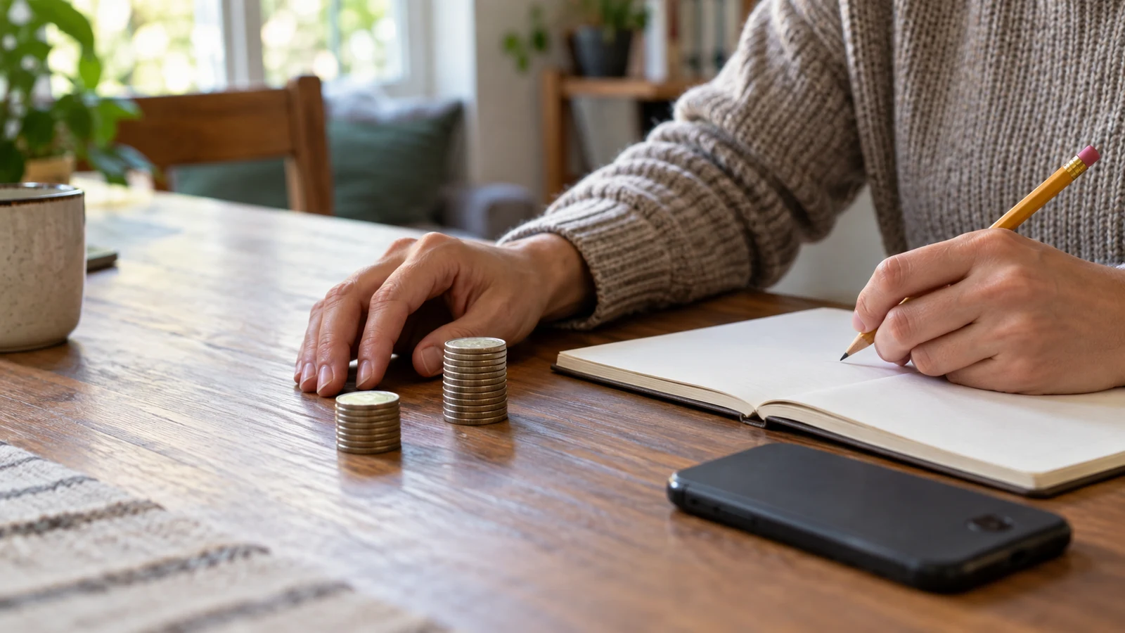 percentage change: A person holds a pencil over an open notebook beside two stacks of coins and a phone on a wooden table.