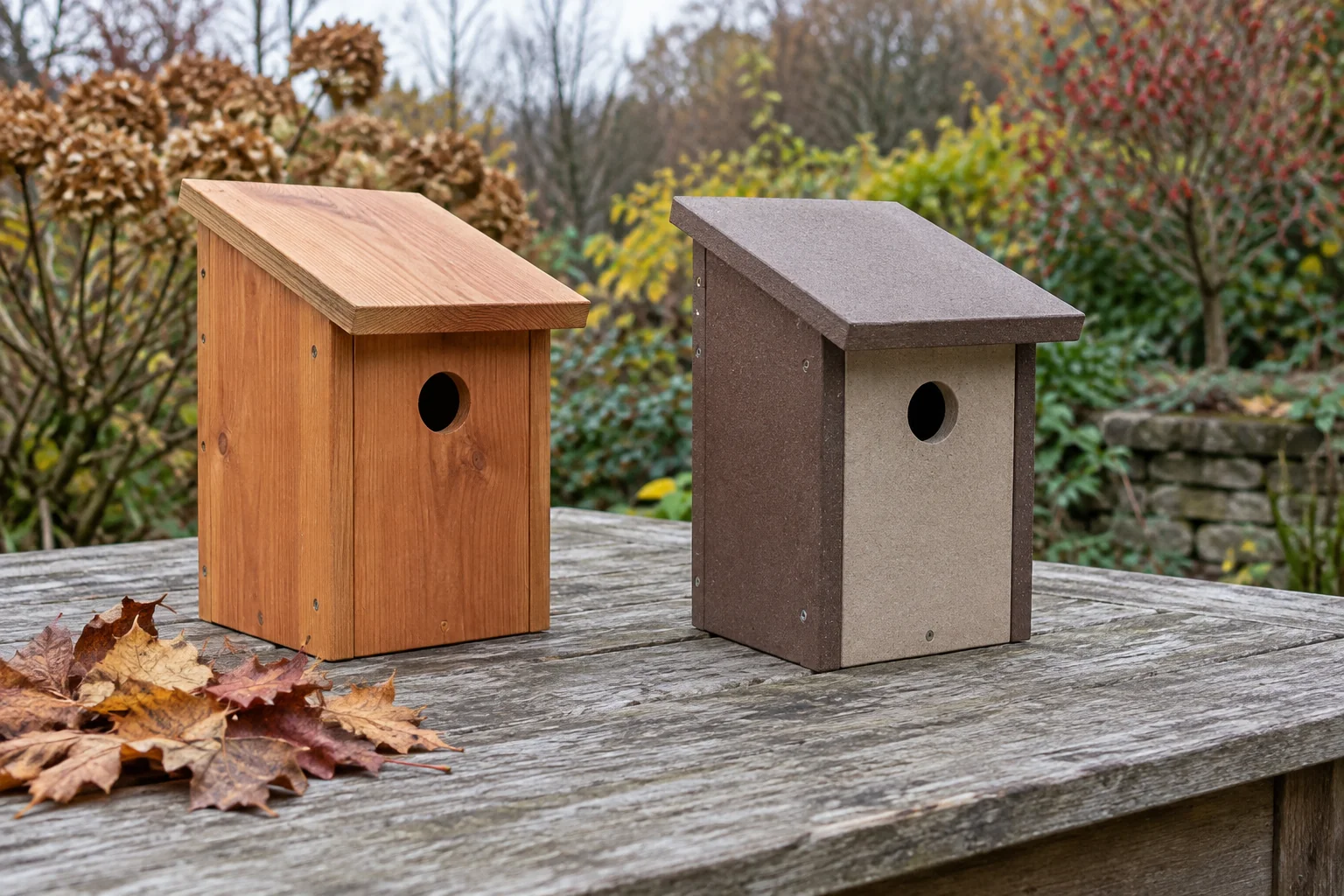 Winter birdhouse preparation concept with two whole generic closed bird-housing boxes, one cedar-colored and one brown-and-tan, loose on an autumn garden table.