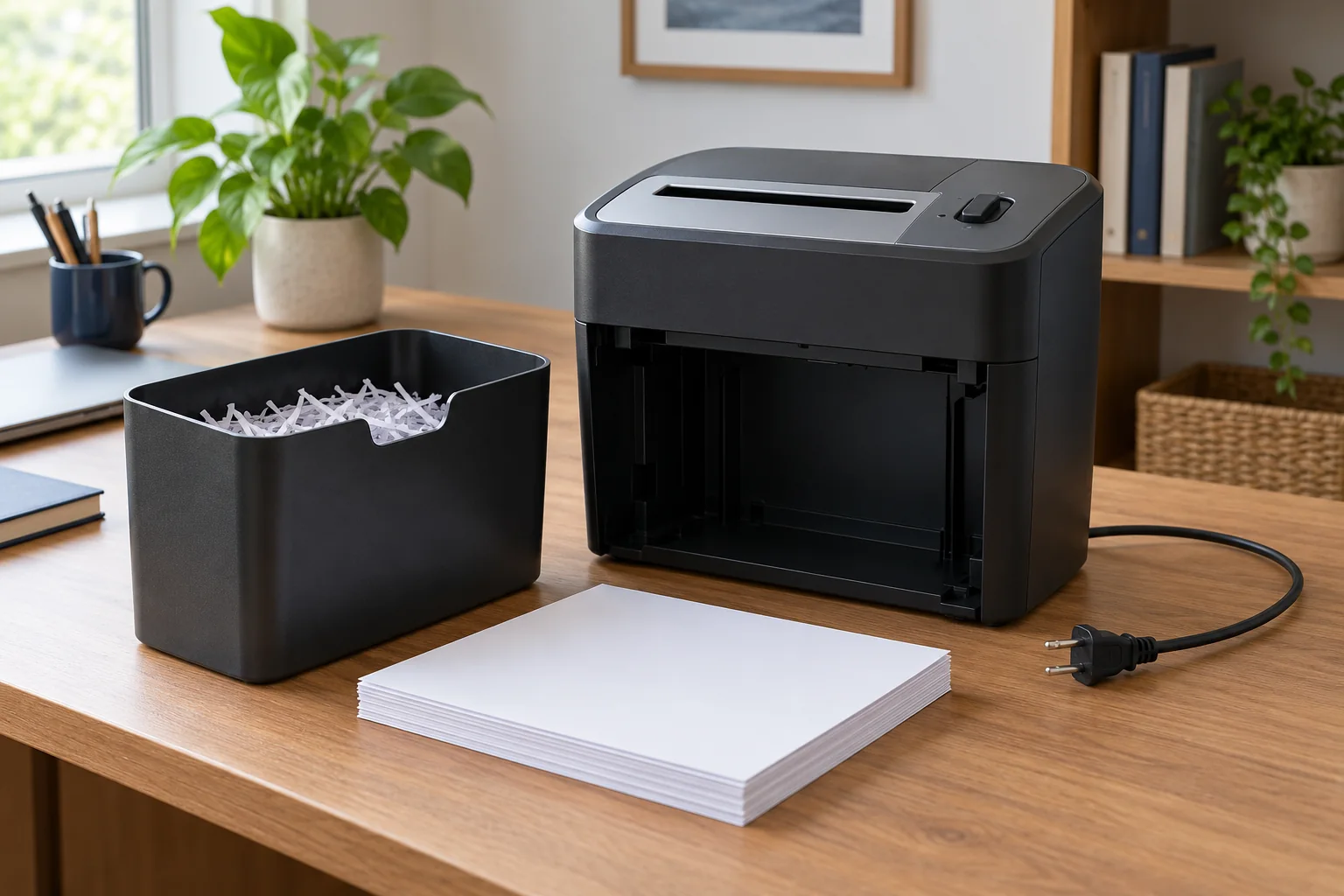 paper shredder jam check with an unplugged shredder, removed bin and paper stack ready for a feed-load inspection.