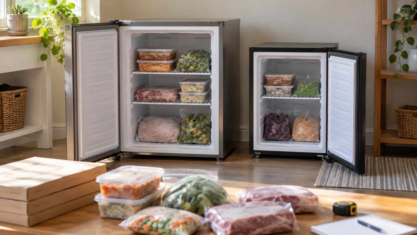 For Whynter CUF-210SSG upright freezer, weigh actual interior space, cabinet footprint, door access, temperature controls, defrost, and a lock.