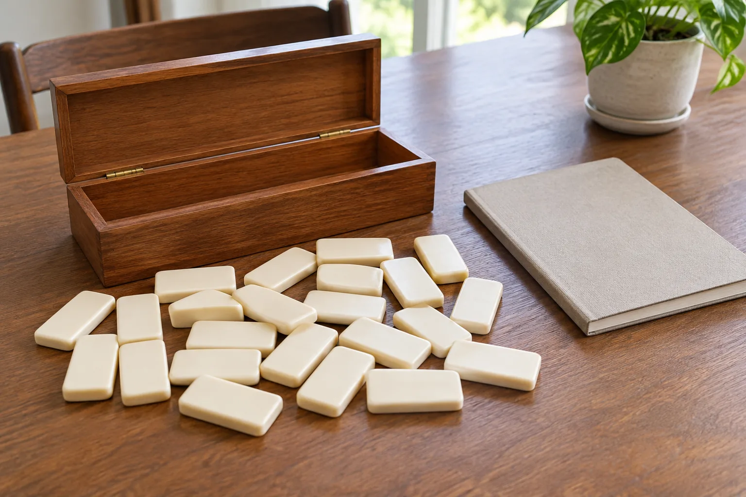 A domino set inventory keeps one collection and its matching case together while the pieces found are checked against the correct contents record.