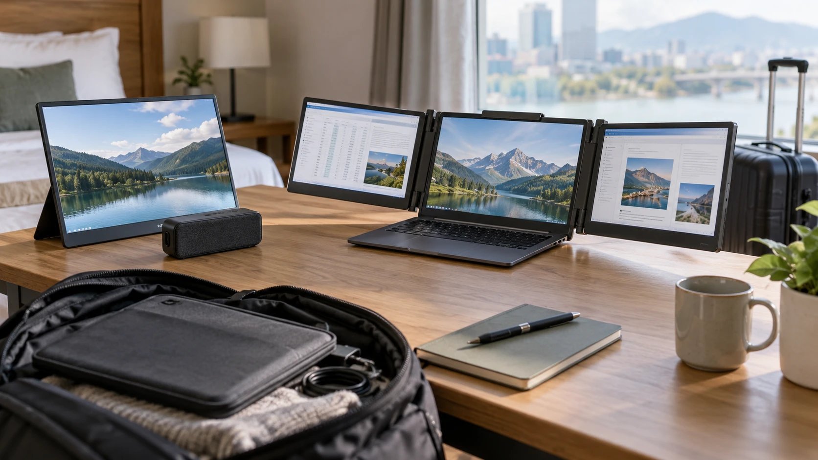 For HP S14 portable monitor travel bundle, consider host ports, laptop fit, workspace layout and travel packing.