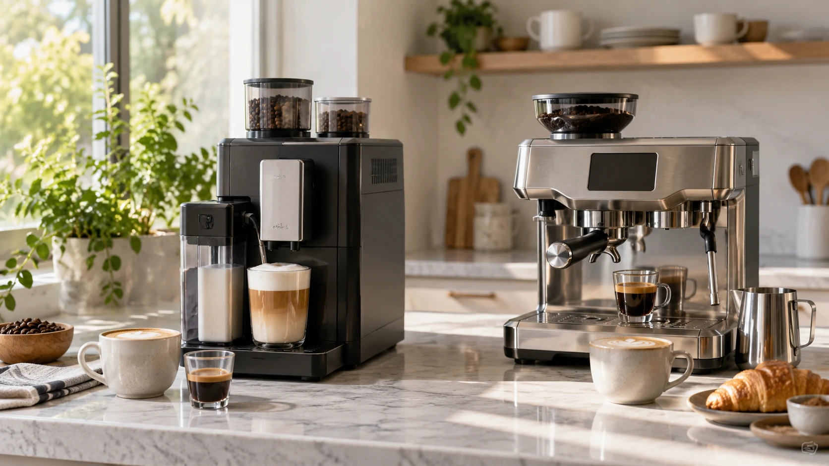 For Rivelia fully automatic espresso machine, weigh bean switching, grind and dose control, milk options, saved drinks, cleaning, and counter setup.
