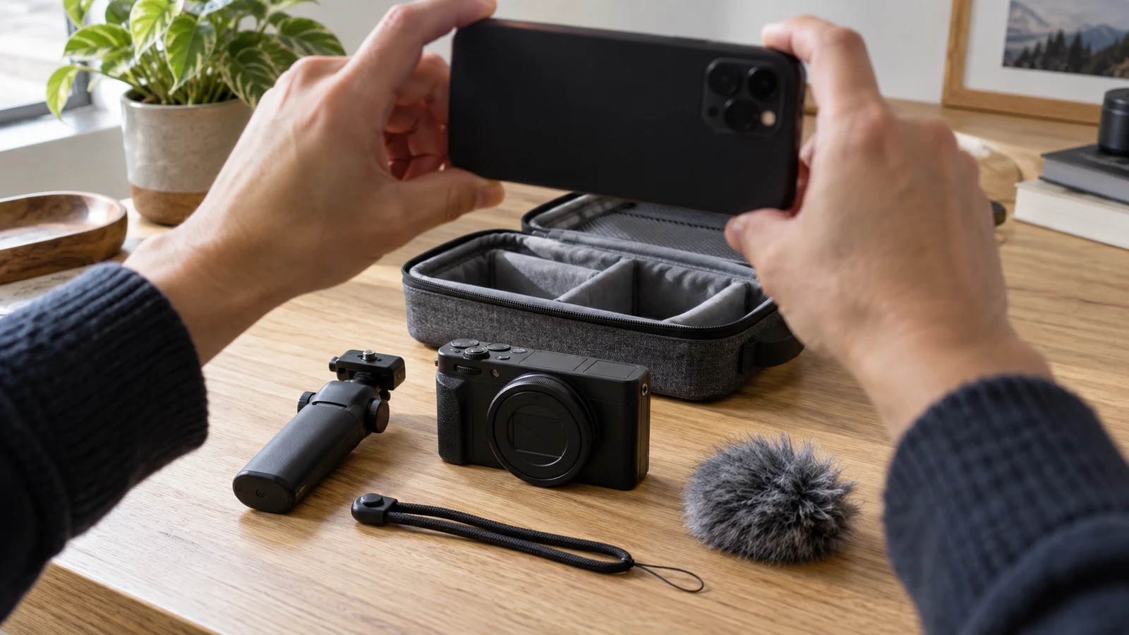 Sony ZV-1 II assembly reference photos: Hands hold a phone above a compact camera, accessories, and an open case on a wooden table.