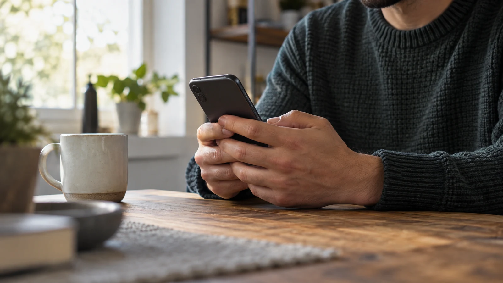 crypto payment failed: A person holds a smartphone beside a ceramic mug on a wooden table.