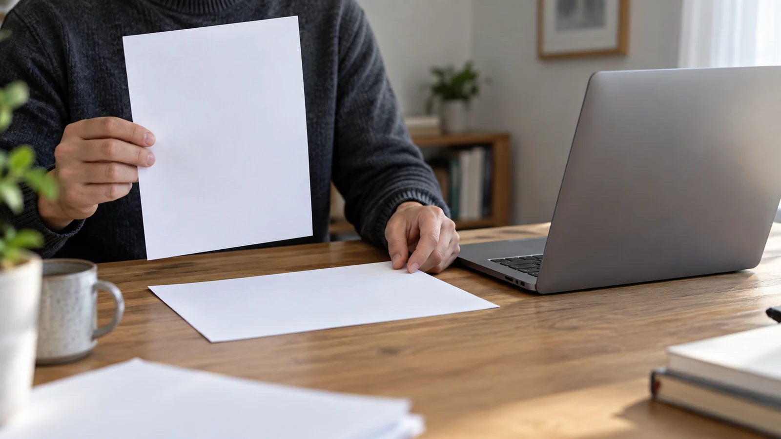 Dell Inspiron PDF page rotation: A person holds a blank sheet upright beside an unbranded laptop on a wooden desk.