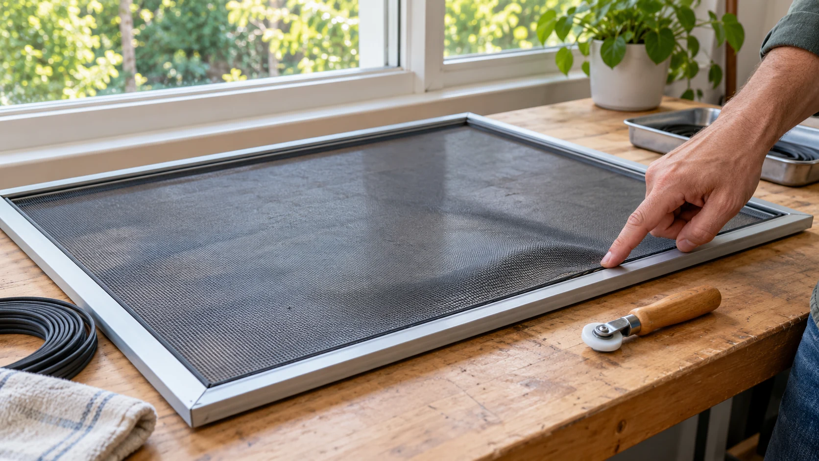 Window screen mesh sags after replacement: a hand points to a wave by the spline groove on a screen frame beside a roller.